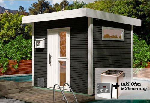 Weka Design-Saunahaus Kuopio aus nordischem Fichtenholz für 4 Personen in Anthrazit Grau mit Technikpaket 2, B/H/T: 263 x 253 x 298 cm - Bild 3
