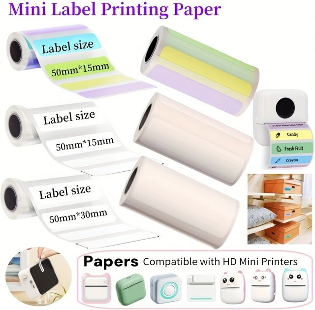 Selbstklebendes Thermo-Etikettenpapier in Mehrfarben für Mini-Drucker, B/H: 50 x 15 mm und 50 x 30 mm - Bild 1