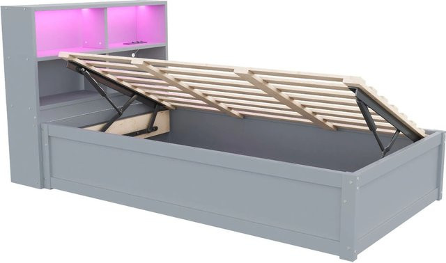 Merax Schlafsofa Grau mit LED-Beleuchtung, USB-Ladeanschluss und Stauraum durch Hydraulik-Funktion, B/T/H: 90 x 200 x 120 cm - Bild 1
