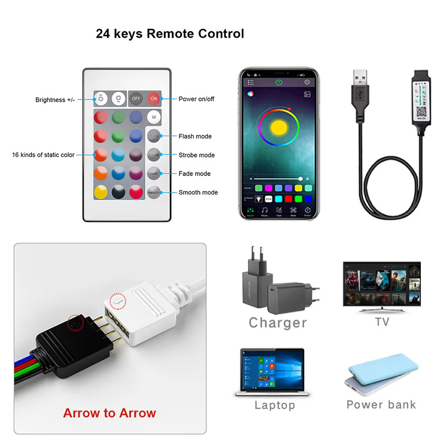 Mikenoon RGB LED-Streifen mit Bluetooth-Steuerung und USB-Anschluss für TV-Hintergrundbeleuchtung und Party-Dekoration, Multicolour, 5 V - Bild 4