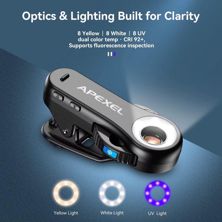 APEXEL 3-in-1 Mikroskop-Objektivset mit LED-Licht und Universalclip für iPhone 17, iPhone 16 Pro Max und Android-Smartphones, Schwarz, 40X/80X/120X Vergrößerung - Bild 2