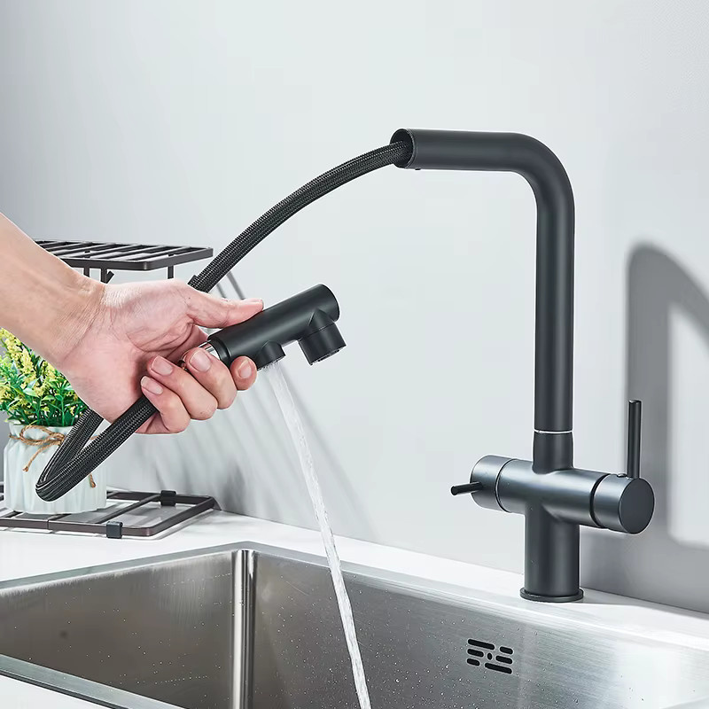 2-in-1 Ausziehbarer Flexibler Küchenwasserhahn mit Filterdüse in Schwarz und Gold von Rozin, B/T/H: 32,5 x 24,0 cm - Bild 2