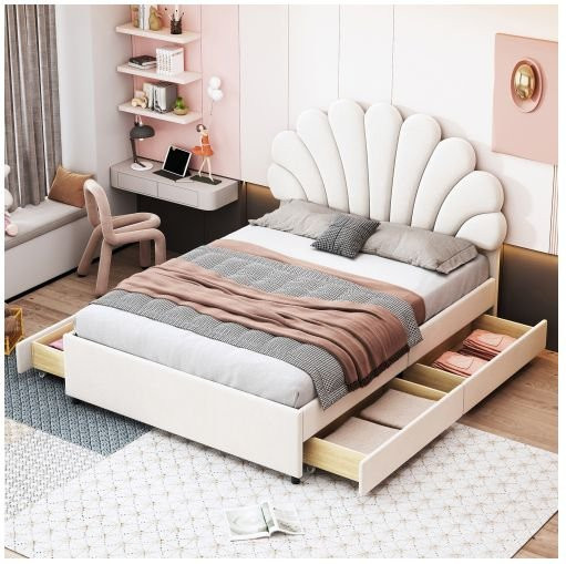 Gepolstertes Bett MUVOE in Beige mit floral gemustertem Samt-Kopfteil und 4 Schubladen, B/T/H: 140 x 200 x 116 cm - Bild 1