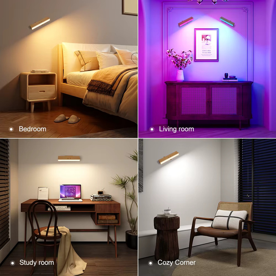 Yilaie RGBCW Wandleuchter aus massivem Naturholz in Braun, wiederaufladbare LED-Nachttischlampe mit Touch-Funktion und Fernbedienung - Bild 3