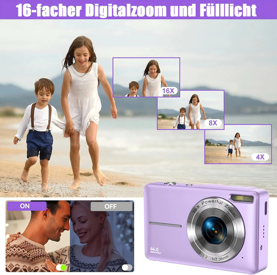 Bytelike Kompaktkamera für Kinder in Pink mit 44MP HD, 1080P Video und 2,4 Zoll LCD sowie 16X Digital Zoom - Bild 3