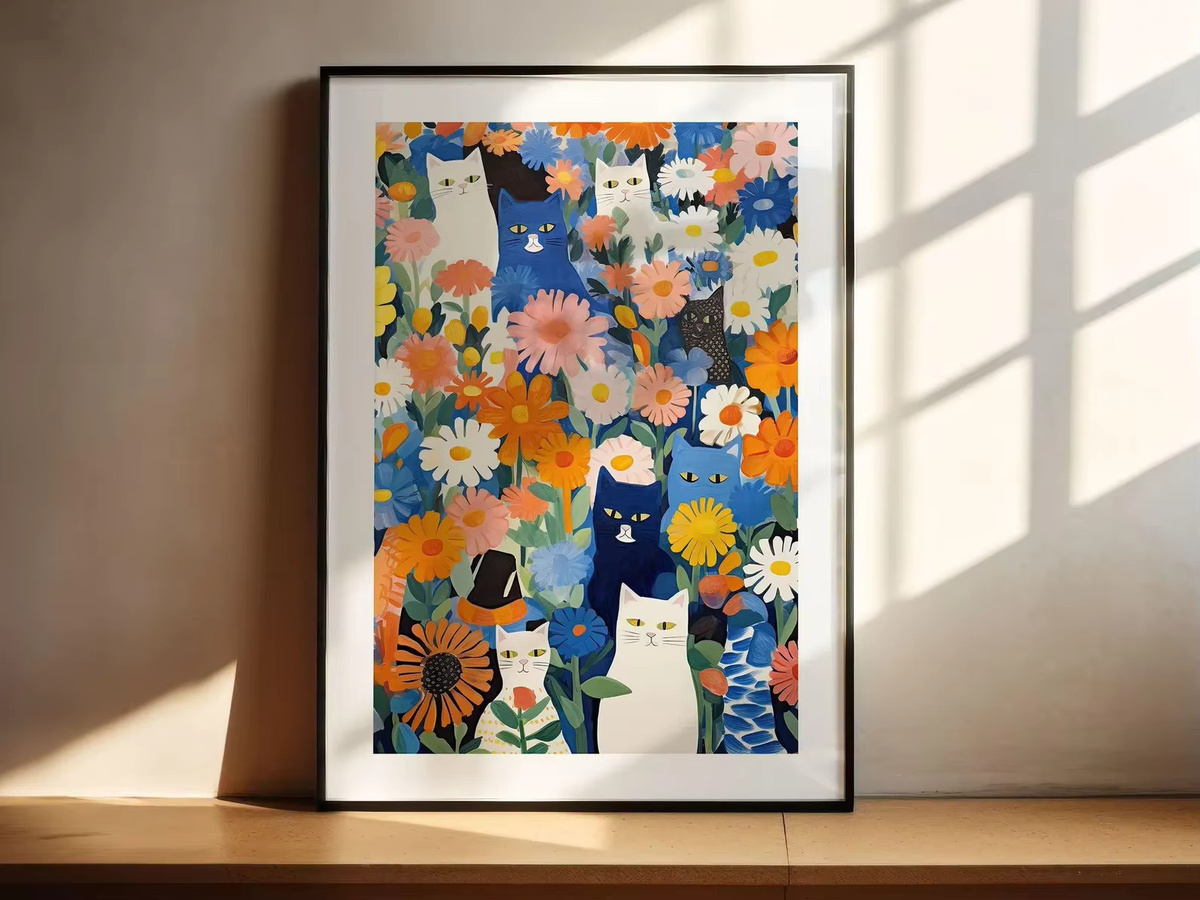 SHENCHEN Wandkunstdruck Blaue Katze im Garten mit Blumen-Illustration, moderner Papierposter in Mehrfarbig - Bild 2