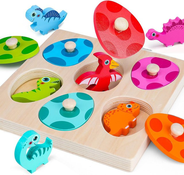 BizyKoady Dinosaurier Holz Puzzle, Montessori Peg Puzzle, Bunt / Mehrfarbig - Bild 1