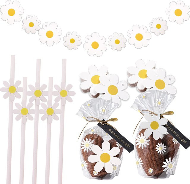 Tissy Gänseblümchen Serie Party-Dekoration aus Papier mit Banner, Strohhalmen und Aufklebern in Weiß für Geburtstag und Hochzeit - Bild 1