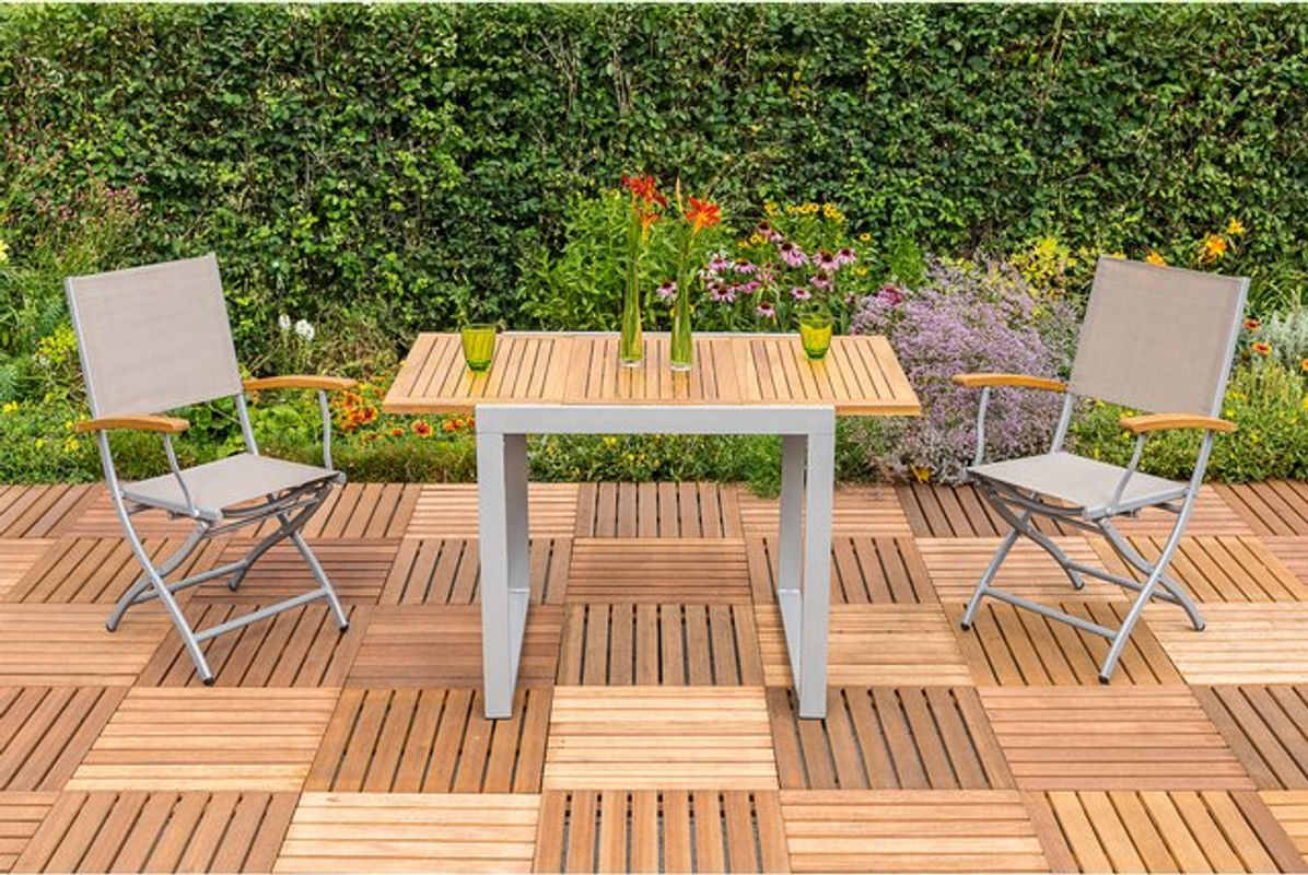 Merxx Gartenmöbel-Set Naxos 3-teilig aus Aluminium und Akazienholz in Grau/Silber mit ausziehbarem Tisch - Bild 4