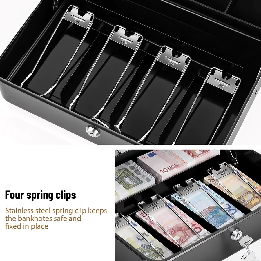 Metall-Geldkassette in Schwarz mit Schloss, 2 Schlüsseln und 5 Fächern inklusive Cantilever-Tablett für Einzelhandel und Büro - Bild 3