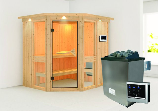 Karibu Sauna Anina 1 aus Fichte mit 9,0 kW Ofen, externem Steuergerät und LED-Dachkranz, Farbe: Natur/Braun/Weiss, B/T/H: 196 x 170 x 198 cm - Bild 1