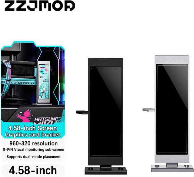 ZZJMOD GPU-Halterung mit 4,58-Zoll Zusatzbildschirm zur visuellen Überwachung, schwarz, verstellbar horizontal und vertikal für deinen PC - Bild 1