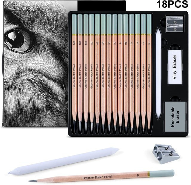 18-teiliges professionelles Skizzenbleistift-Set aus Holz mit Graphit, inklusive Bleistiften von 5H bis 14B, Radiergummi, Spitzer und Papiermischstumpf für Künstler - Bild 1