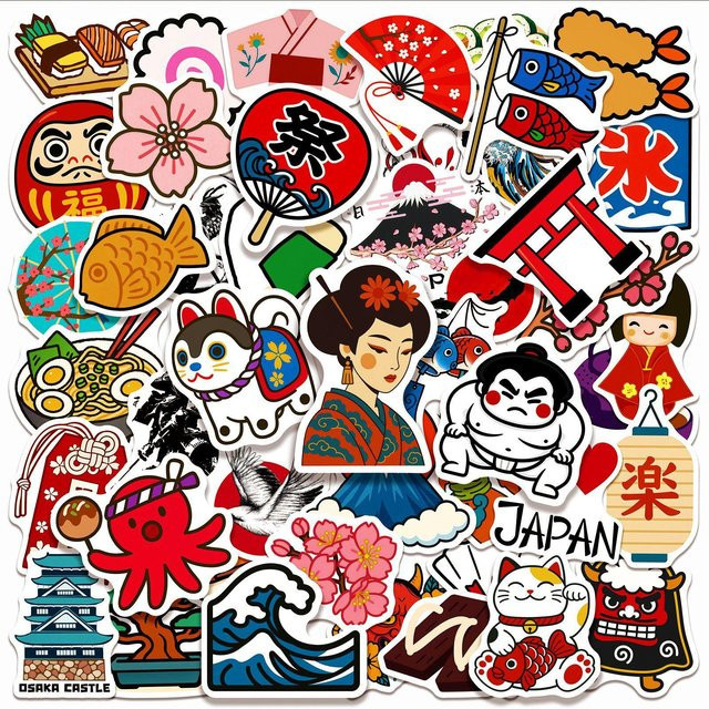 50 Stück Japanische Traditionelle Kultur Cartoon Dekorationsaufkleber von Binchi Outdoor Product in Multicolour für Kühlschrank und Federmäppchen - Bild 1