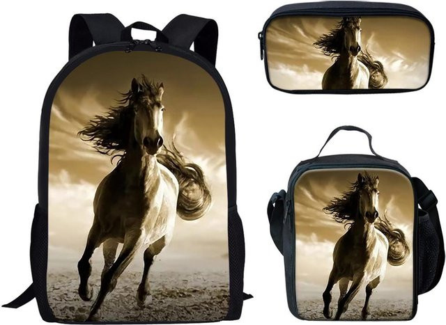 Fancy Style Studio 3er-Set Schulrucksäcke mit 3D-Pferdemotiv in Schwarz-Weiß inklusive Laptop-Rucksack, Brotdose und Federmäppchen - Bild 1