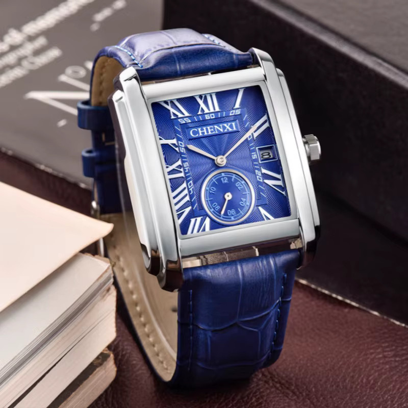 CHENXI Armbanduhr Herren, Quarz, eckig, Lederarmband, Blau, Edelstahl - Bild 2