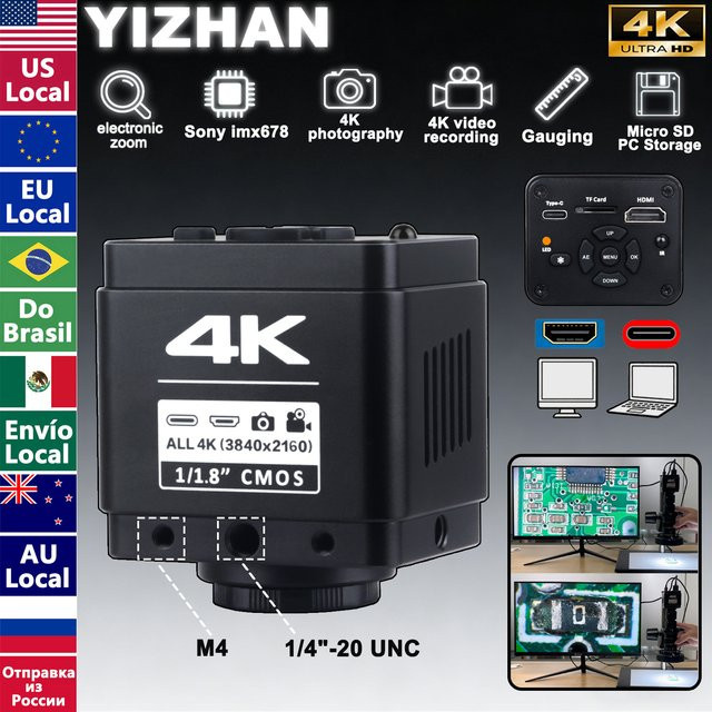 YIZHAN 4K Digital-Mikroskopkamera für Lötarbeiten mit HDMI und USB-C, Industrielle Mikroskopkamera mit 1/1,8' IMX678 Sensor und C-Mount/CS-Mount, Schwarz - Bild 1
