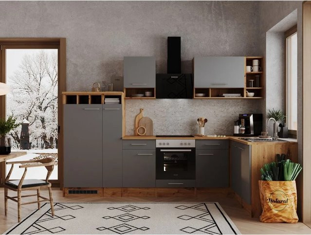 Respekta Winkelküche BEKBL310EGC in Grau-Wildeiche Nachbildung mit Einbaufunktion und mattem Finish, B/T/H: 310 x 172 cm - Bild 1