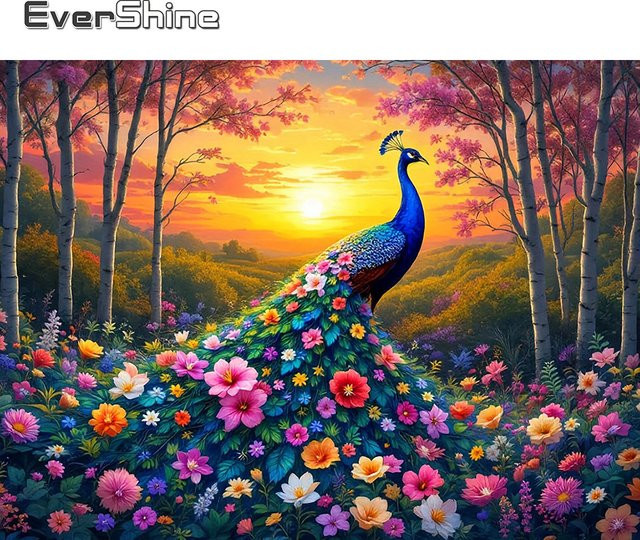 Evershine 5D Mosaik Diamantstickerei Pfau mit Strass und Blumen als Wandkunst, Mehrfarbig, B/H: 30 x 20 cm - Bild 1