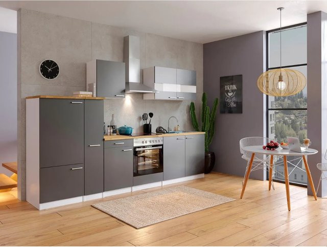 Respekta Küchenzeile KB300WGC in Grau-Weiß mit Glastüren und Soft-Close-Funktion, Breite: 300 cm - Bild 1
