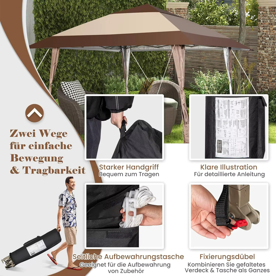 GOFLAME Pop-up-Pavillon mit Rädern, wasserdichter Klapppavillon mit UV-Schutz 50, Partyzelt für den Garten, Farbe: Braun, B/T/H: 400 x 390 x 285 cm - Bild 1