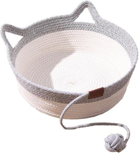 Handgeflochtener Seil-Katzenkorb von shuisxs in Beige mit integriertem Spielzeug und Katzenohrendesign - Bild 1