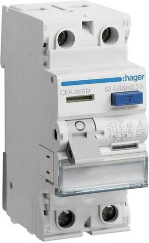 Hager CFA263D FI-Schutzschalter RCD 2polig 63A 0,3A 230V in Blau und Weiß - Bild 1