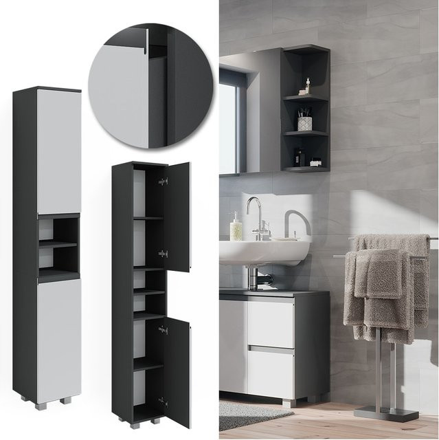 Vicco Badschrank J-Shape Hochschrank für das Badezimmer, Weiß/Anthrazit, B: 30 cm, H: 190 cm - Bild 1