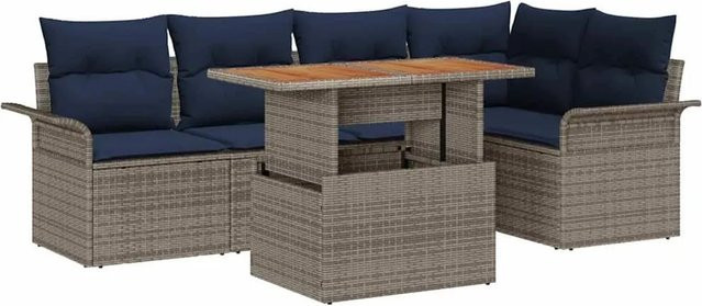 vidaXL Gartensofa-Set aus Poly-Rattan in Grau und Marineblau mit 6 Kissen und Tisch - Bild 1