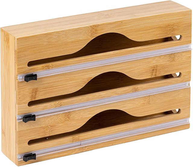 Relaxdays Folienspender aus Bambus in Natur mit integriertem Schneider, inklusive 3 Rollen, B/T/H: 33,5 x 22 x 7 cm - Bild 1