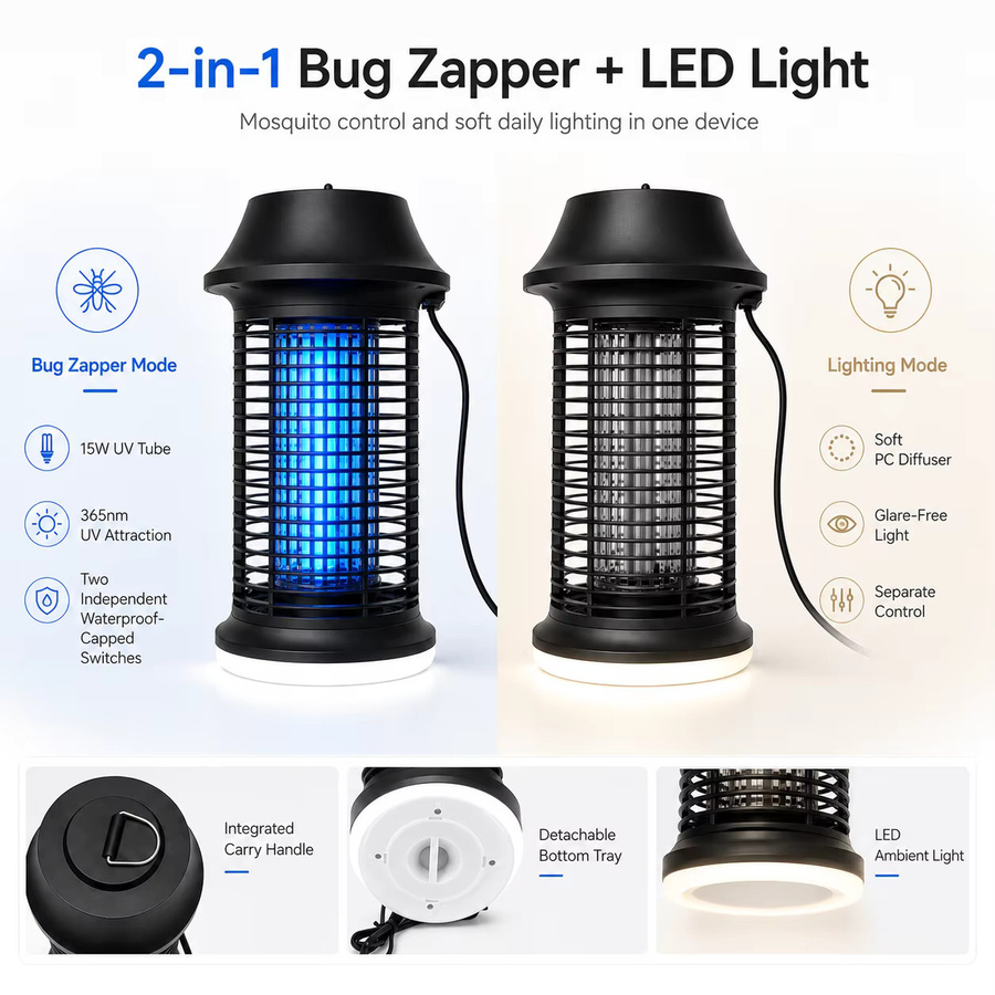 Elektrische Mückenkiller-Lampe 15W UV-Insektenvernichter mit LED-Licht in Schwarz, IPX4 Wasserdicht für Haus, Garten und Camping - Bild 6