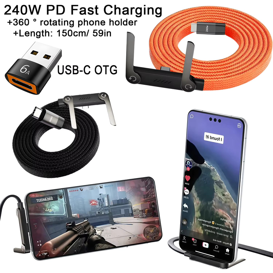 BESY 2-in-1 USB-C zu USB-C Schnellladekabel mit 240W und faltbarem Telefonständer, Schwarz - Bild 2