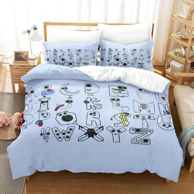 Alphabet Lore 3D Bettwäsche-Set mit Cartoon Anime Design, dreiteiliges Schlafzimmer-Set aus Mikrofaser in Blau, Breite: 133 cm, Länge: 200 cm (Hinweis: Maßangabe basierend auf Standard-Bettwäsche-Kontext, da 70x133cm im Originaltext unplausibel für ein Se - Bild 1