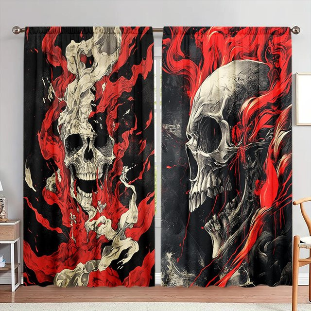 2er-Set Ghost Rider Vorhang mit Grafikprint für Halloween, beige, B: 52,5 cm, H: 116 cm - Bild 1