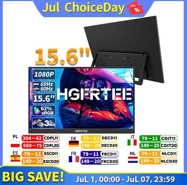 HGFRTEE Tragbarer 15,6 Zoll Monitor mit FHD IPS Display in Schwarz für Laptops mit USB-C und HDMI Anschluss - Bild 1