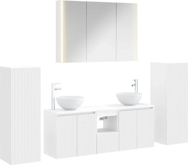 vidaXL Badezimmermöbel-Set 6-teilig Weiß Modern mit LED-Beleuchtung und Spiegelschrank aus Holz und Glas - Bild 1