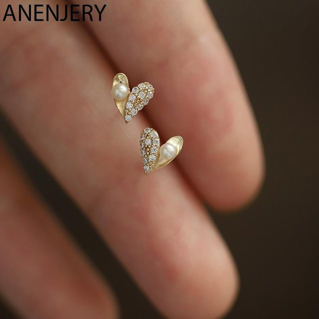Anenjery Ohrstecker, Silber Farbe, Mikro Zirkon, Liebe Herz, Perle, Damen - Bild 1