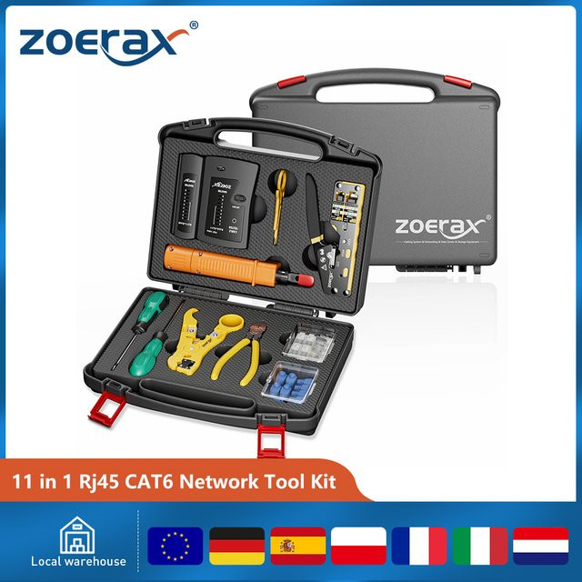 ZoeRax RJ45 CAT6 Netzwerk Tool Kit mit Pass Through Crimper, Kabeltester, Punch Down Tool und Stripper, multicolour - Bild 1