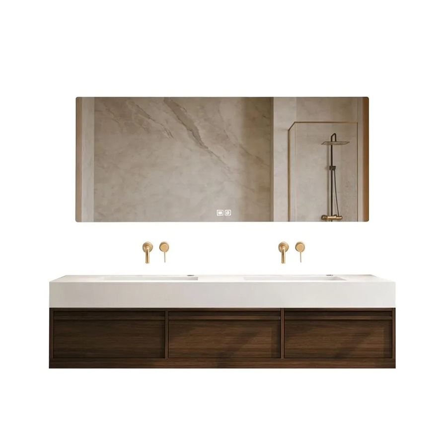 360Home Badmöbel Set mit Sinterstein Doppelwaschbecken und Spiegelunterschrank in Braun, B/T/H: 140 x 55 x 25 cm - Bild 2