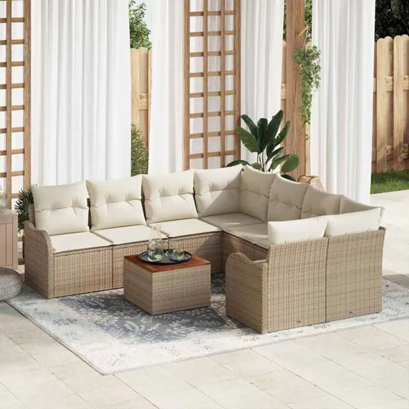 Vidaxl Garten-Sofa-Set aus 9 Teilen in Beige und Weiß, modernes Polyrattan-Loungemöbel-Set mit Akazienholz und Stahl - Bild 1