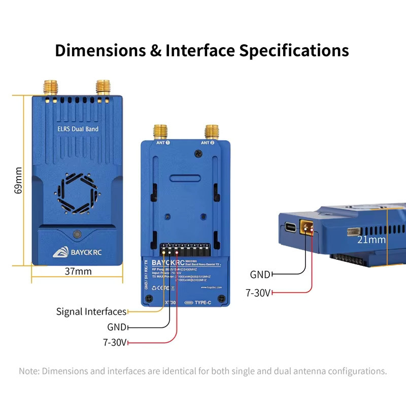 BAYCK Nano Dual Band TX Modul ELRS 915 MHz/2,4 GHz mit 1 W Leistung und integriertem Lüfter für FPV Drohnen in Blau - Bild 2