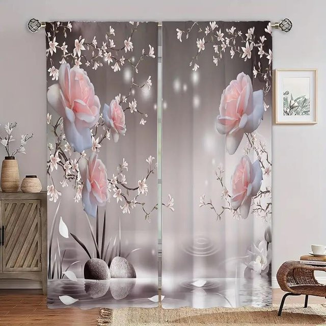 Elegante rosa Blumen Vorhänge mit floralem Muster, semi-transparent, Stangentasche, 2er-Set, Breite: 35 cm, Höhe: 100 cm - Bild 1