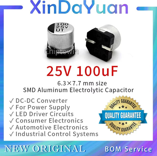 Chiptowin SMD-Aluminium-Elektrolytkondensator mit niedrigem ESR, 50 Stück, 25 V, 100 uF, 6,3 x 7,7 mm - Bild 1