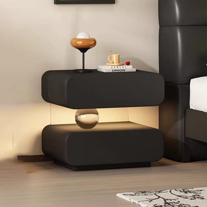 ANGDUO Moderner Runder Nachttisch mit integrierter Beleuchtung in Beige und Schwarz Matt - Bild 2