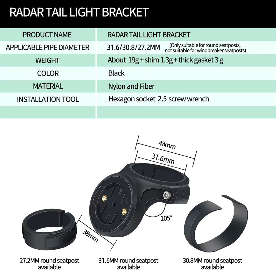 CYCLAMI Fahrrad Radar Rücklicht Halterung für Garmin Varia RVR 315 RTL 510 515 500, Schwarz - Bild 4