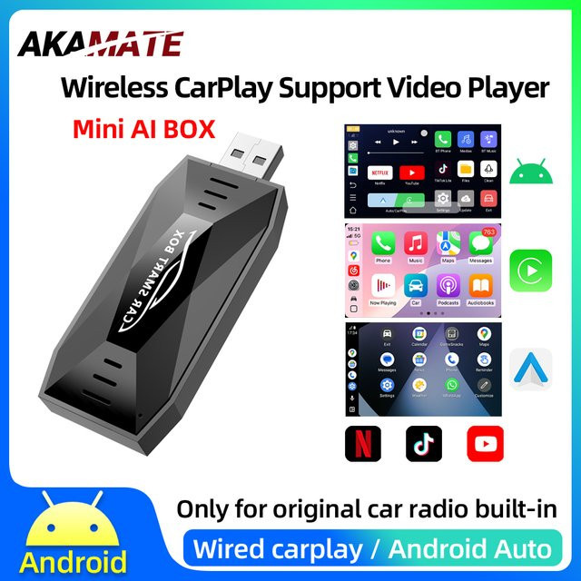 AKAMATE 3in1 Mini AI Box Autoradio-Adapter mit Wireless CarPlay, Android Auto und Bluetooth, unterstützt Netflix, YouTube und TikTok, Farbe: Schwarz, Anschluss: USB Typ-C - Bild 1