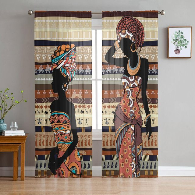 Transparente Voile-Vorhänge im ethnischen Stil mit afrikanischem Frauenmotiv, Farbe Grau, Breite: 135 cm, Höhe: 115 cm - Bild 1