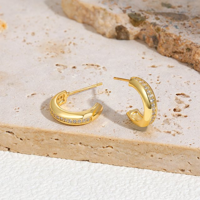 Erpels Ohrring, Edelstahl, 18 Karat vergoldet, Zirkon, C-Form - Bild 1