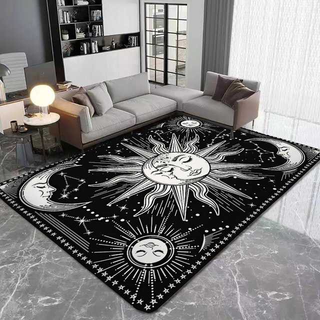 BC-Warm Home Bereichsteppich mit Sonne, Mond und Sternen Motiv in Schwarz und Grau, rutschfest und maschinenwaschbar, B/T: 60 x 40 cm - Bild 1