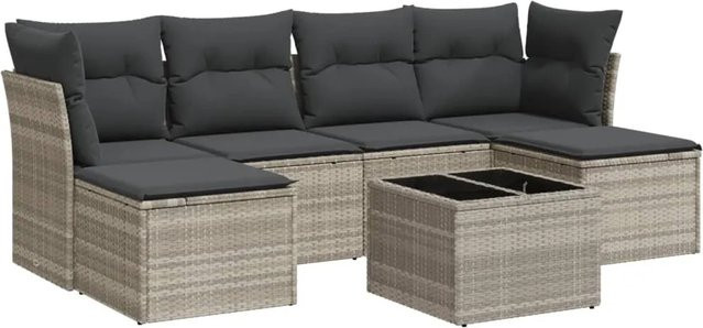 vidaXL 7-teilige Garten-Sofagarnitur aus Poly-Rattan mit Kissen in Hellgrau - Bild 1